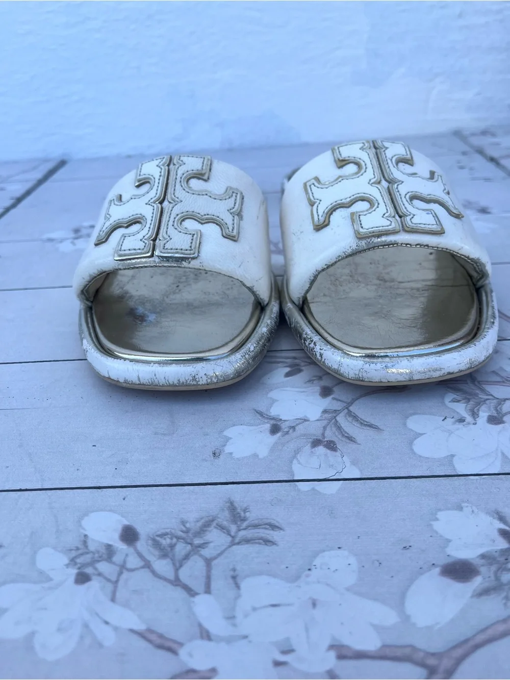 Tory Burch White and Gold Logo Slide Sandals